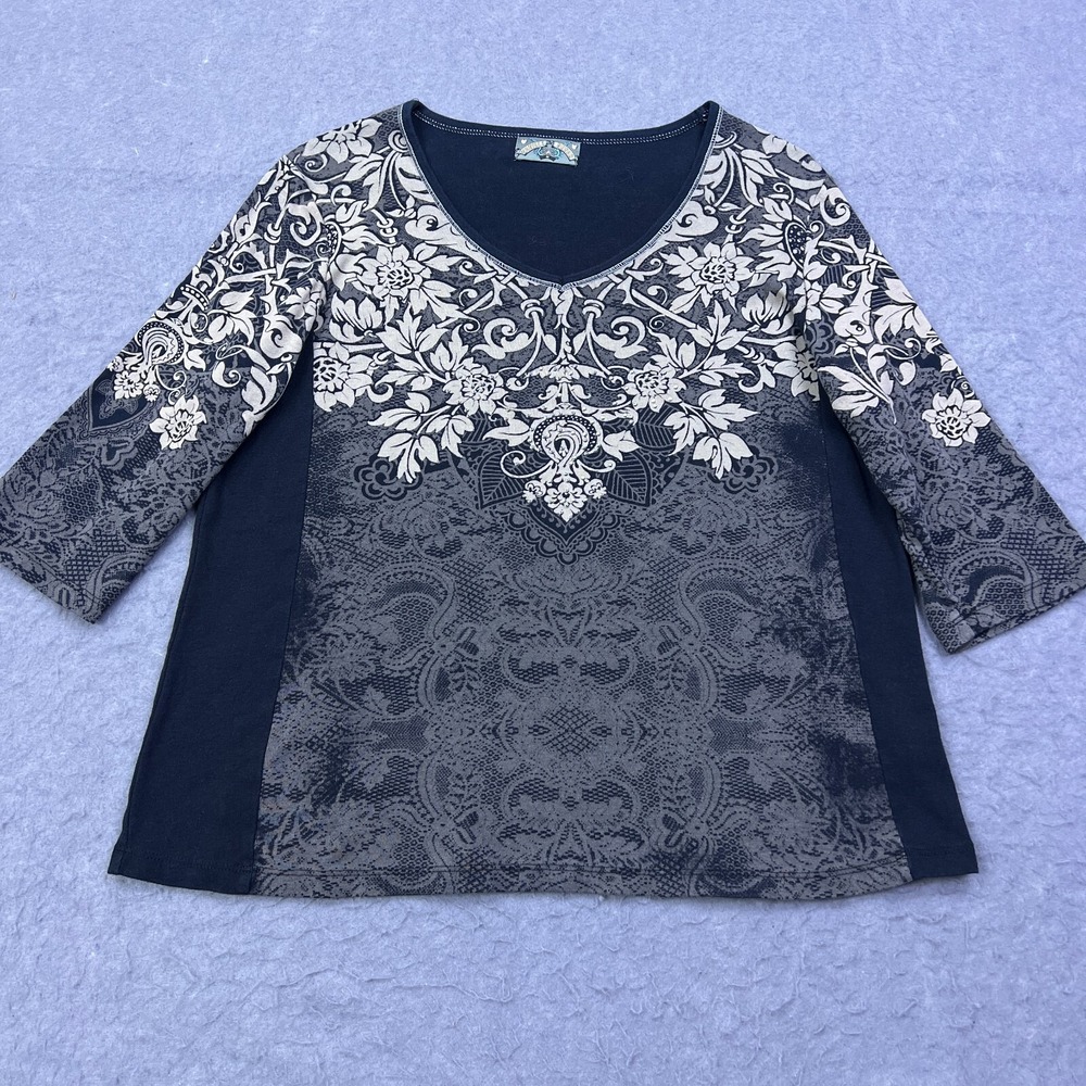 Vanilla Sugar Top Womens 1X Black/Gray Embellish 3/4 Sleeve Graphic Y2K Made USA